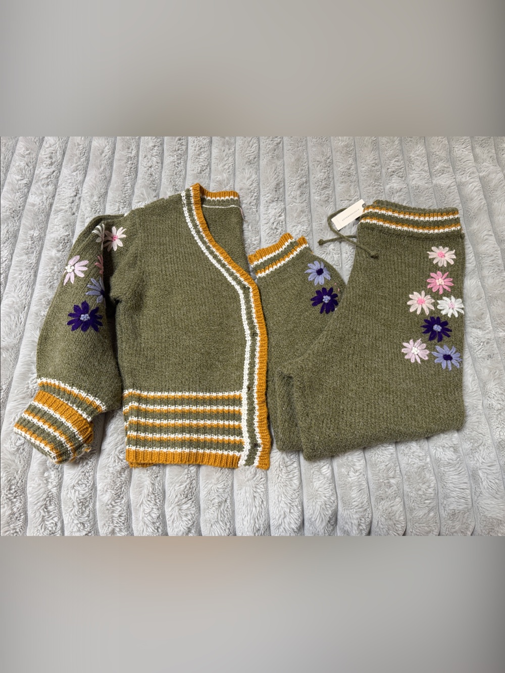 Anthropologie X RAGA Green Floral Knit Sweater Set Trim NWT